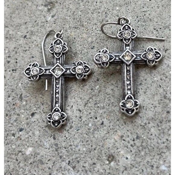 Vintage Cross Silver Tone Hook Religious Cross Dangle White Stone Earrings 1” - Picture 2 of 16